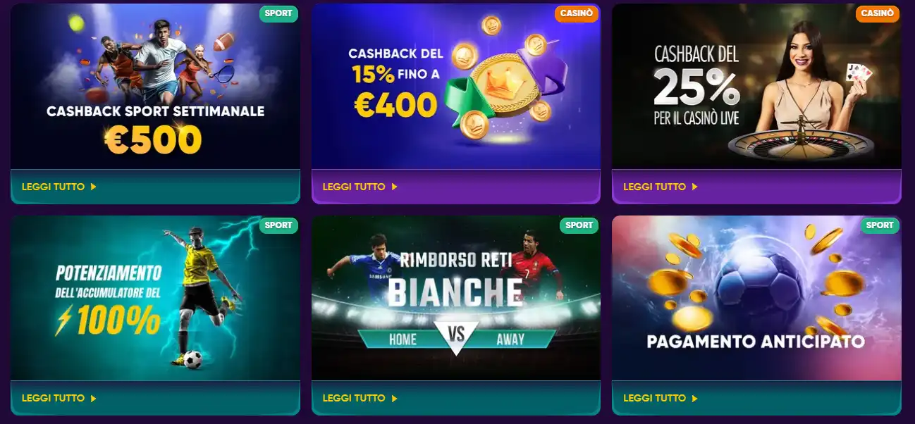 Pagina delle promozioni Kingmaker in italiano con le categorie bonus casinò e sport