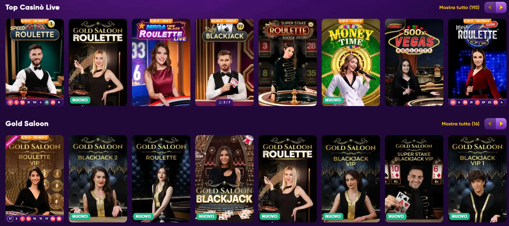 Lobby Casinò Live ufficiale Kingmaker con categorie roulette, blackjack e game show