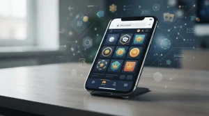 Illustrazione di uno smartphone con un casinò online astratto aperto nel browser mobile