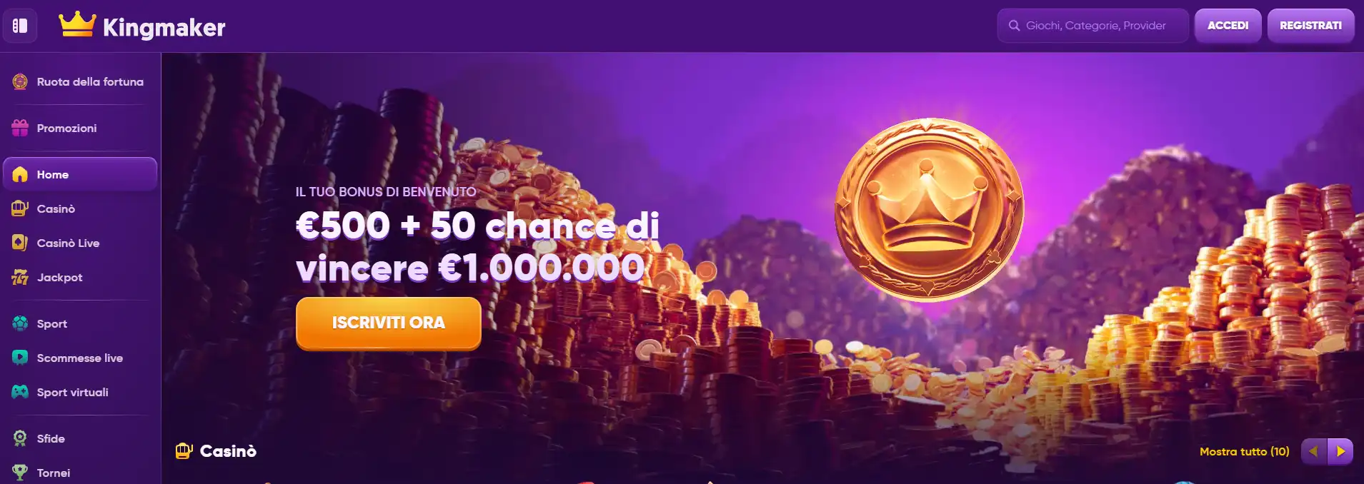 Homepage ufficiale italiana di Kingmaker con navigazione casinò, live e sport